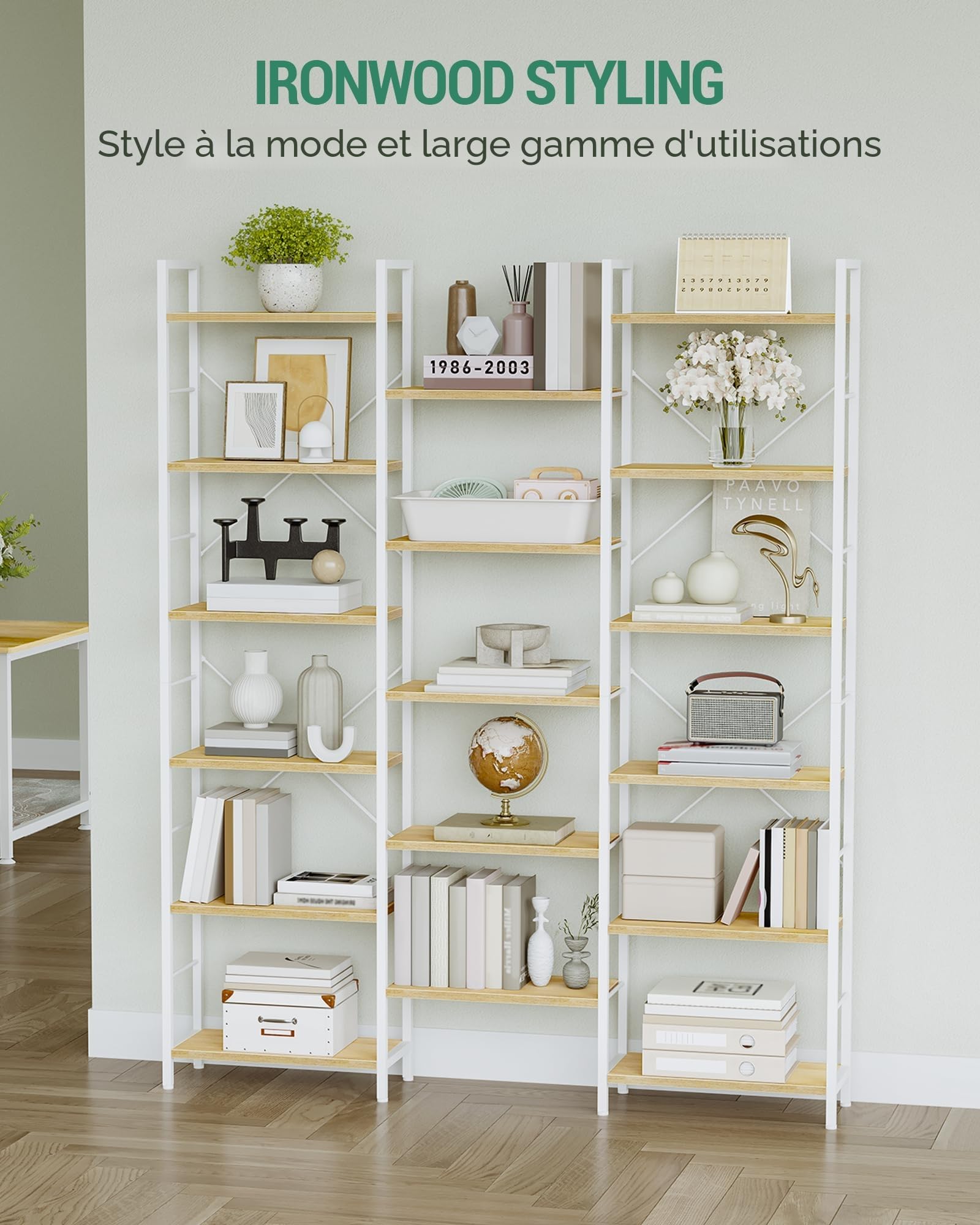 Hzuaneri Bibliothèque 17 Étagères, 24 × 152 × 186 cm Chêne Blanc et Blanc | Étagère ebout, Espacement Réglable, etagere bois, Mangatheque, Pour Salon, Chambre à Coucher, Bureau à Domicile, BC10116W