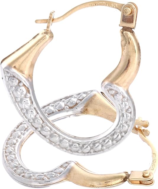 9ct Yellow and White Gold Womens Earrings  Thick Heart Hoop Earrings - by Elegano