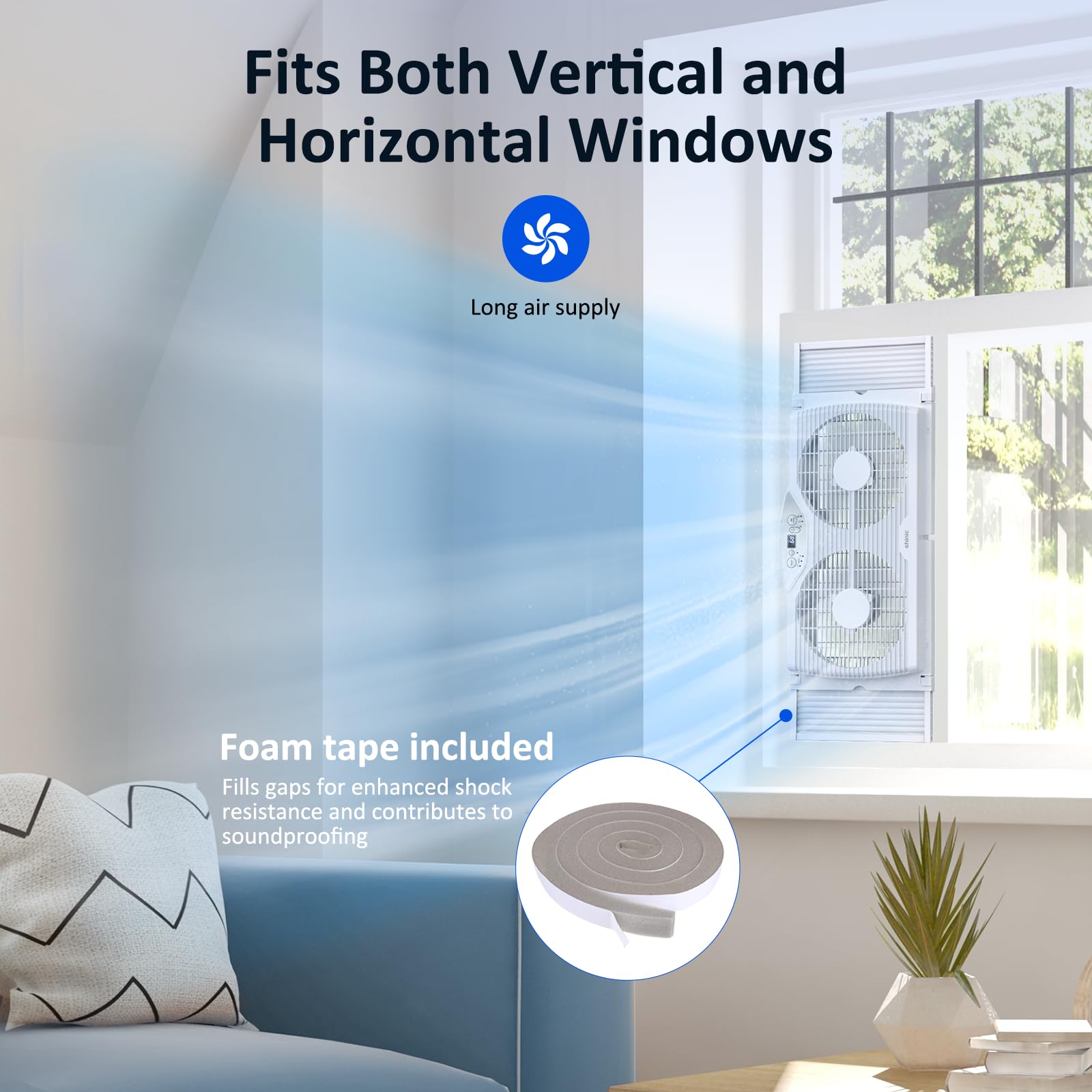 shinic Doppel-Fensterventilator mit Fernbedienung, 22,9 cm, umkehrbarer Luftstrom, Thermostatsteuerung, 3 Geschwindigkeiten, 3 Funktionen, erweiterbare Breite von 60 cm bis 94 cm