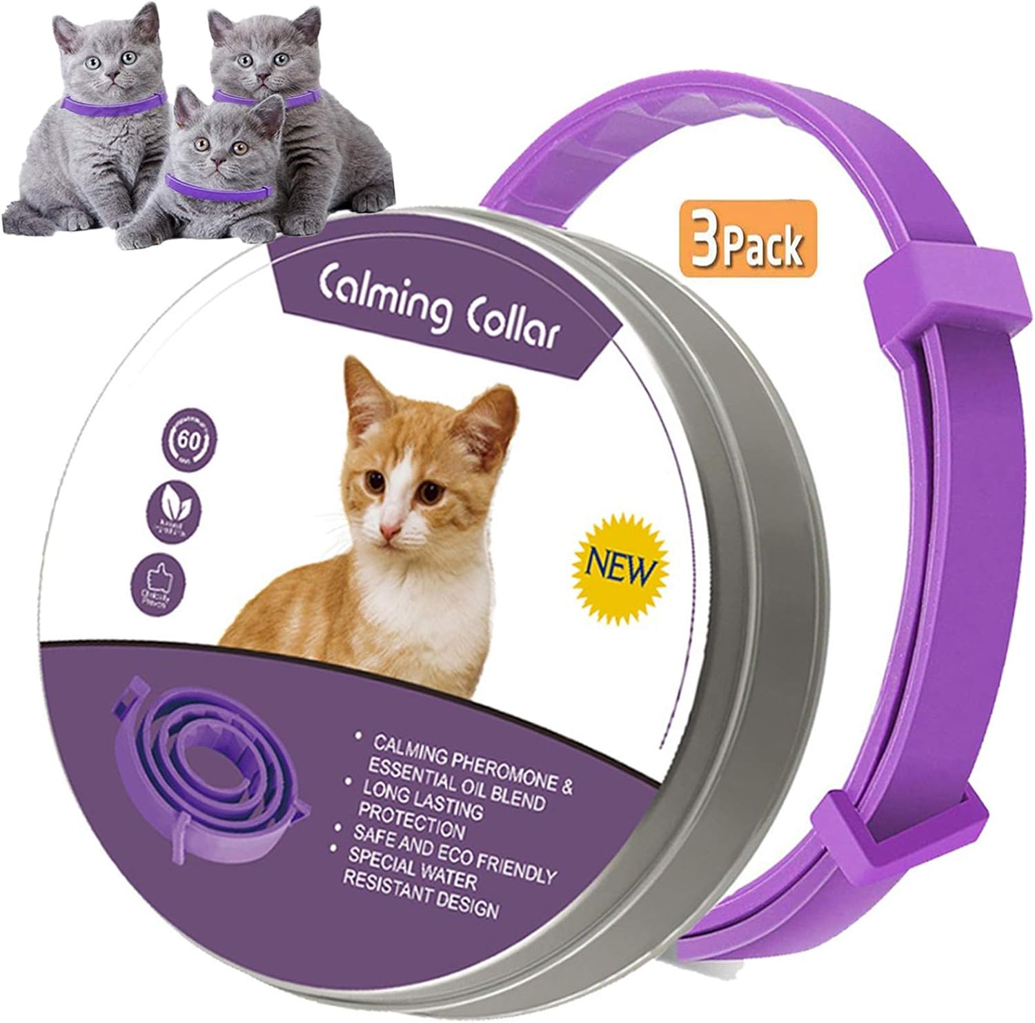 leQuiven 3 Pack Calming Collar for Cats and Kittens, Pheromone Anti-Anxiety Calm Collar, Natural Waterproof Adjustable Collar Up to 15…