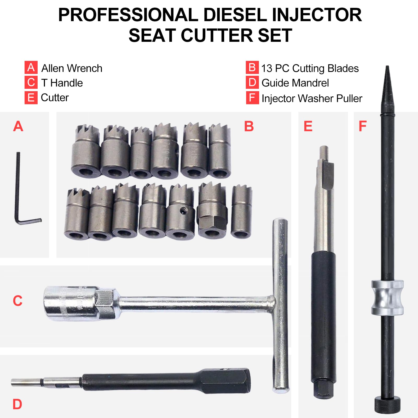 FreeTec 18pcs Fraise Injecteur Diesel, 14-21,5 mm Kit Fraise Siège Injecteurs avec 4-15mm Extracteur Joint Injecteur, Alésoir Nettoyage Puit Extracteur Joint Injecteurs Diesel pour VW Audi BMW (Rouge)