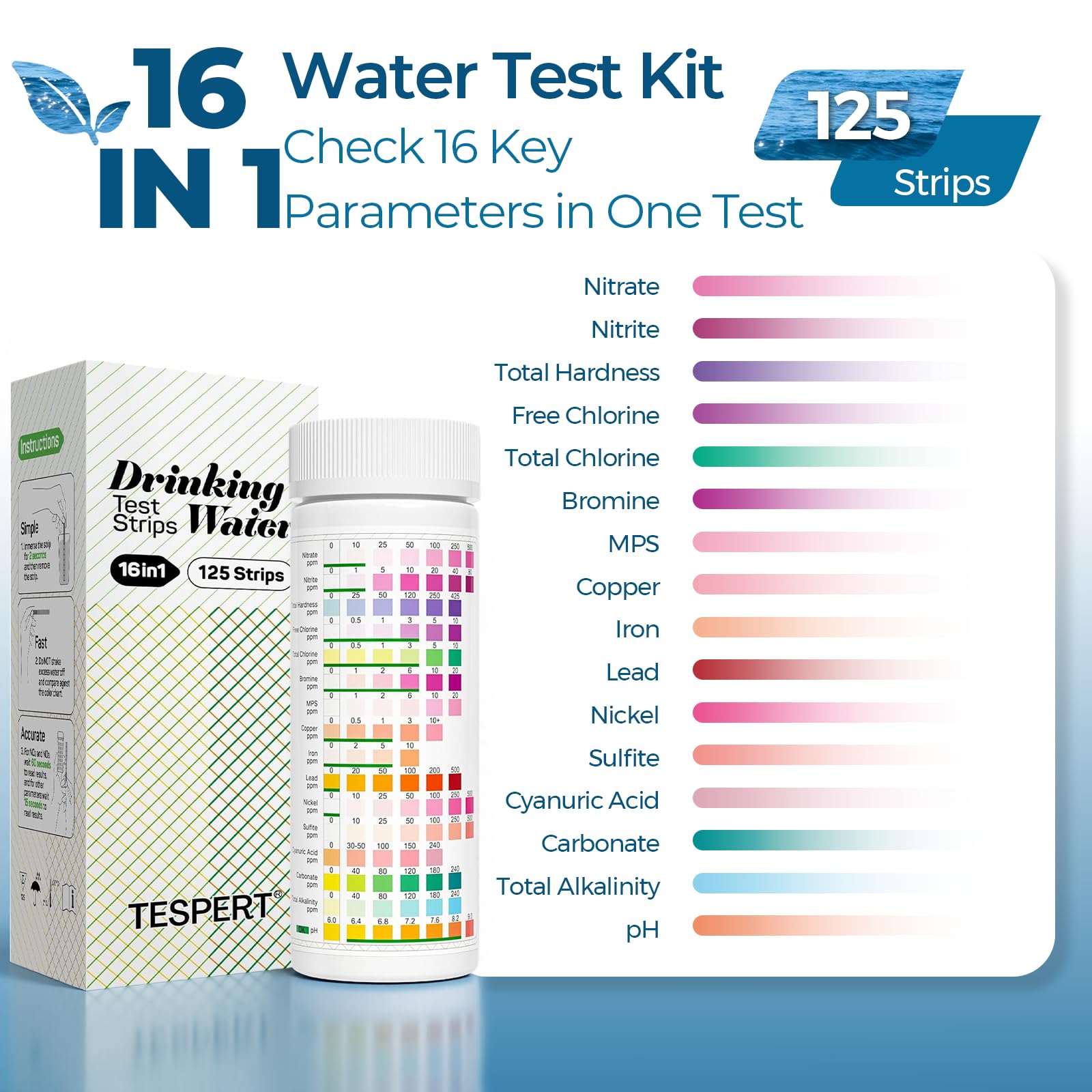 Water Testing Kits for Drinking Water: 125 Strips 16 in 1 Well and Drinking Water Test Kit, TESPERT Water Test Strips with Hardness, pH, Lead, Iron, Copper, Chlorine, and More