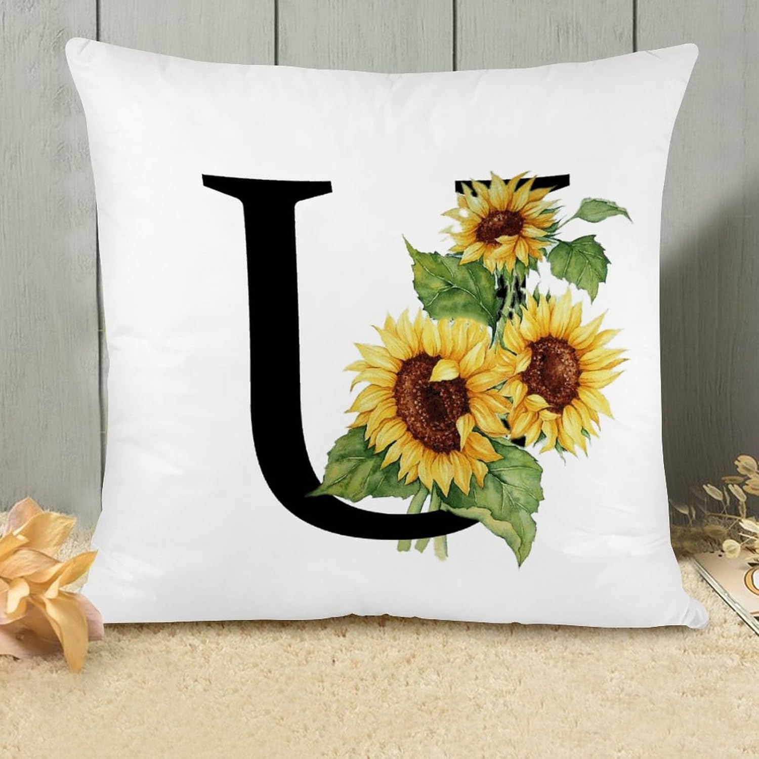 Set of 2 Sunflower Letter U Initial Monogram Decorative Throw Pillow Covers 24x24in Farmhouse Square Accent Pillow Cases Cushion Cover Cases for Sofa Chair Bedroom Home Decor