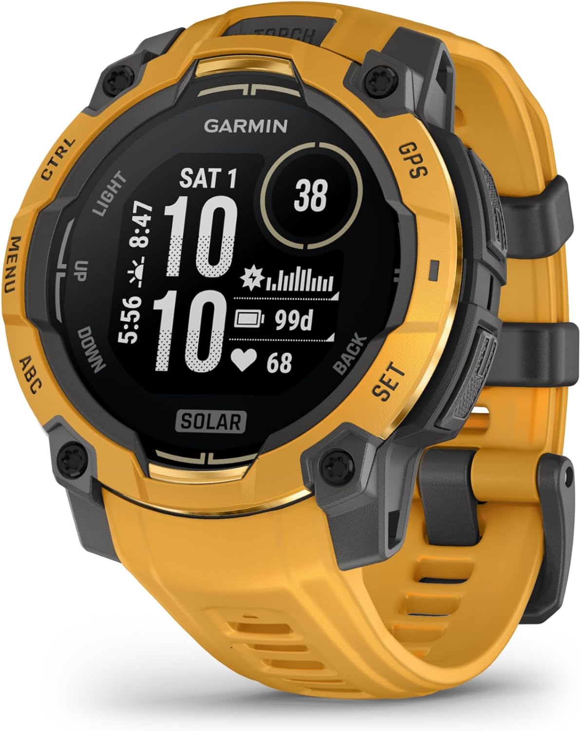 Garmin Instinct® 3 – 45 mm, Solar, Rugged Outdoor GPS Smartwatch, Built-in Flashlight, Alpine Rush Collection Limited Edition Color, Sunburst with Sunburst/Gray Band