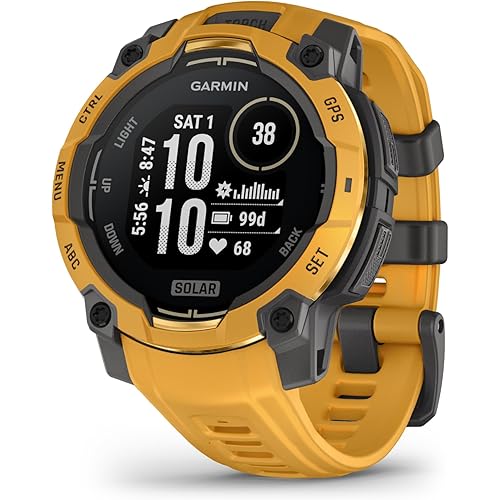 Garmin Instinct® 3 – 45 mm, Solar, Rugged Outdoor GPS Smartwatch, Built-in Flashlight, Alpine Rush Collection Limited Edition Color, Sunburst with Sunburst/Gray Band