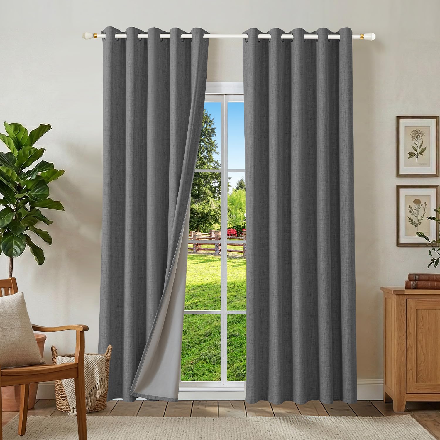 Runyéla 100% Blackout Linen Curtains Eyelet 66 x 54 Inch Drop for Bedroom Kitchen Living Room Grey Thermal Curtain 2 Panels Gray
