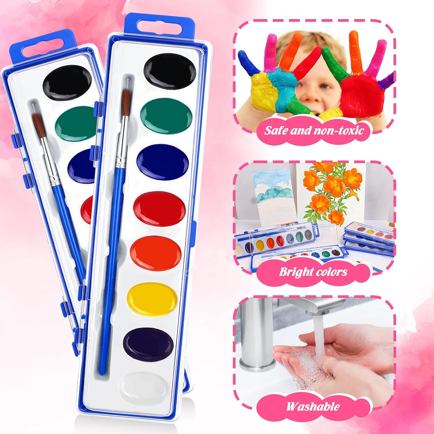 FUMILE 30 Pack Watercolor Paint Set, 8 Colors Washable Valentines Water Color Paint Set for Kids with Paintbrush, Watercolor Paint for Prizes Exchange Gifts, Easter Basket Stuffers, Party Favor, Classroom