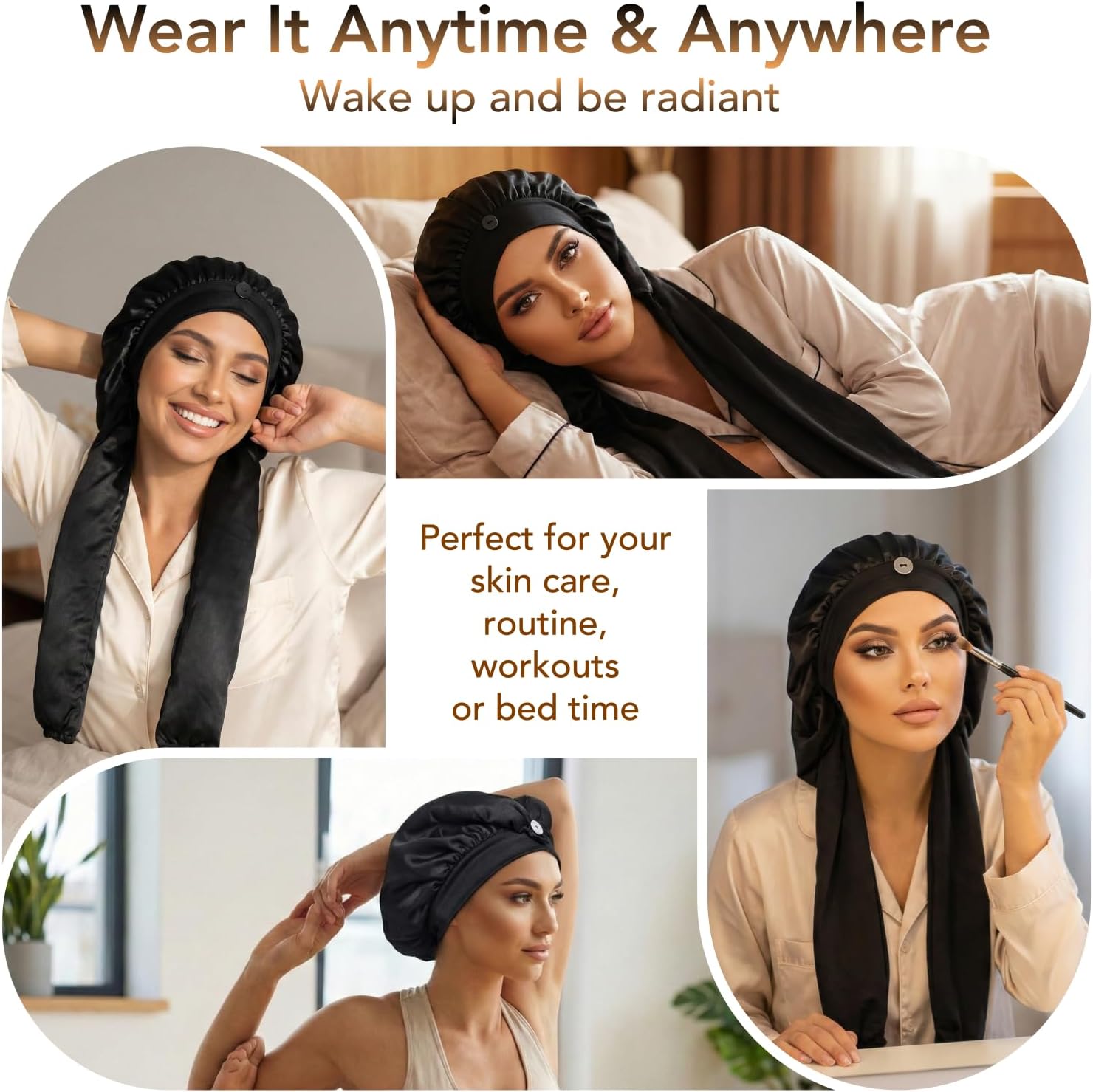 Sleep Bonnet, Breathable Nylon Bonnet for Long Hair with Elastic Band, for Women with Braids Wigs Dreadlocks, Soft Comfortable Sleeping Cap Daily Use (Black)