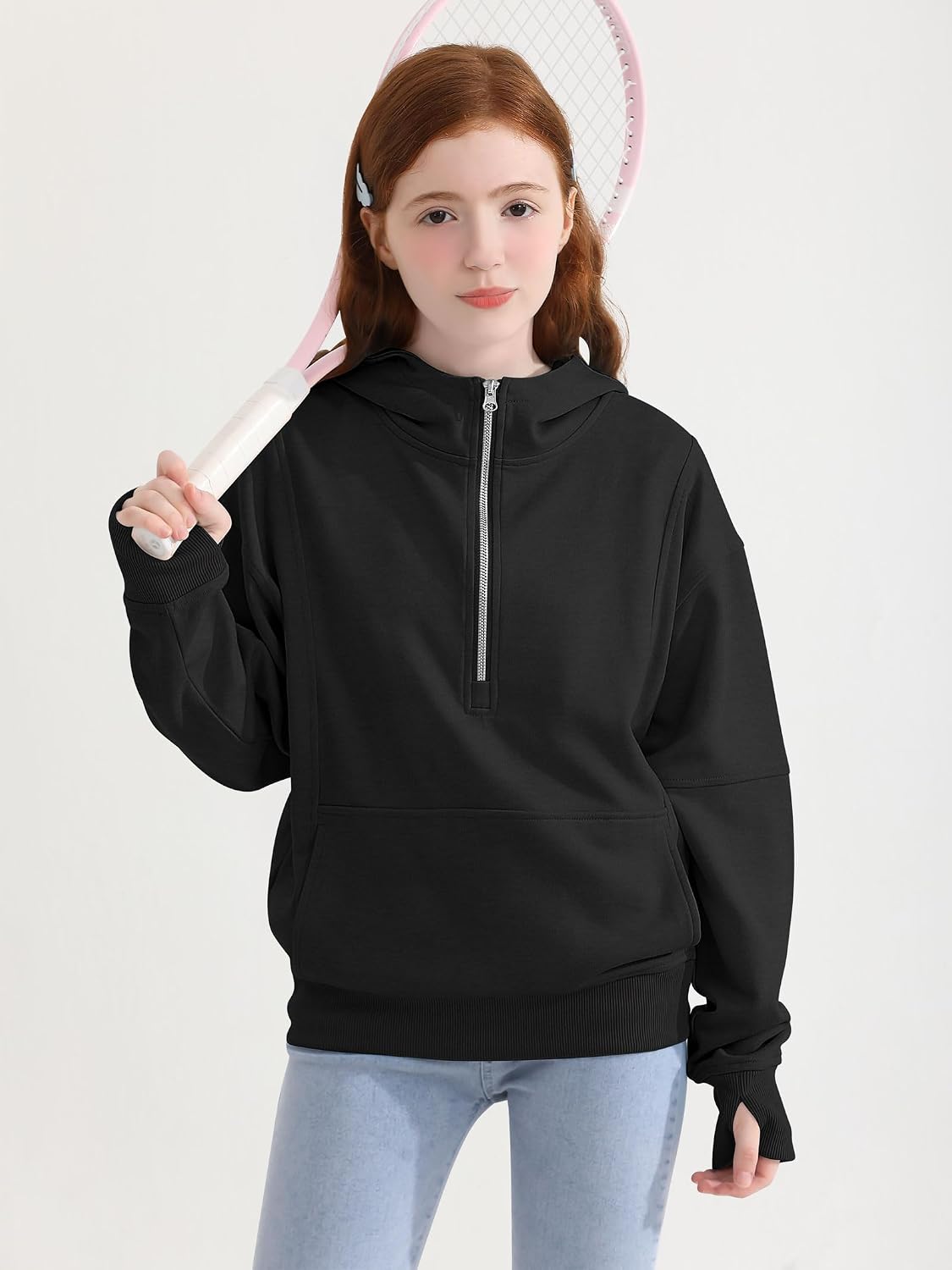 Girls Half Zip Hoodie Zip Up Pullover Sweatshirt Long Sleeve Top with Thumb Hole Pocket for Fall Winter