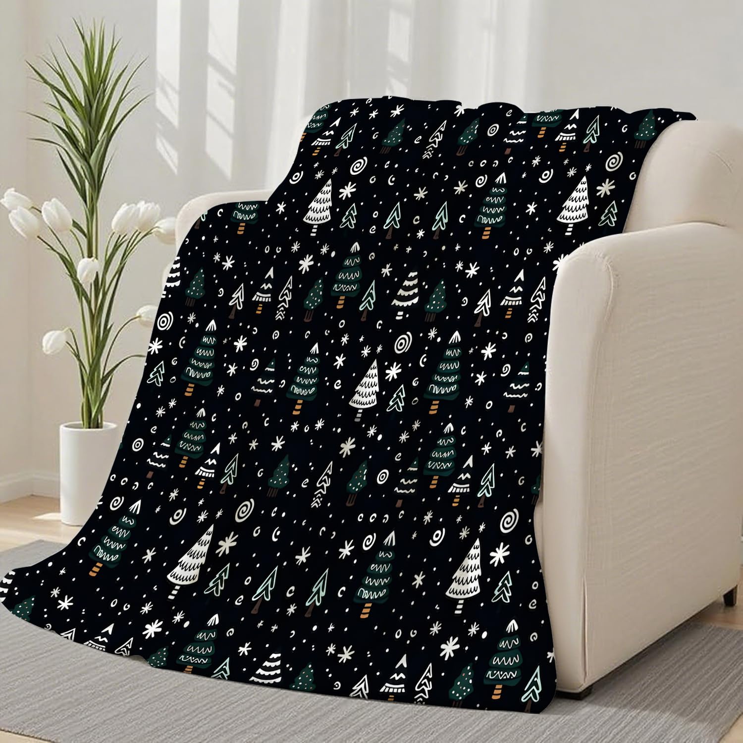 Kuscheldecke Flauschig mit Schneeflocken 150x200 cm - Klein Decke Fleecedecke Weich und Warm, Weihnachtsbaum Sofadecken Kuschelig Überwurf für Sofa, Couch, Bett & Wohnzimmer, Wohndecke Schwarz