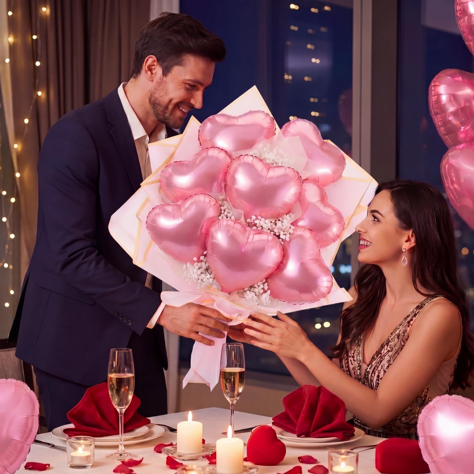 Qeeenar Kit fai da te per bouquet di palloncini a forma di cuore, 8 palloncini a forma di cuore in lamina con fiori di respiro del bambino, carta da regalo e nastro, kit per la creazione di bouquet di
