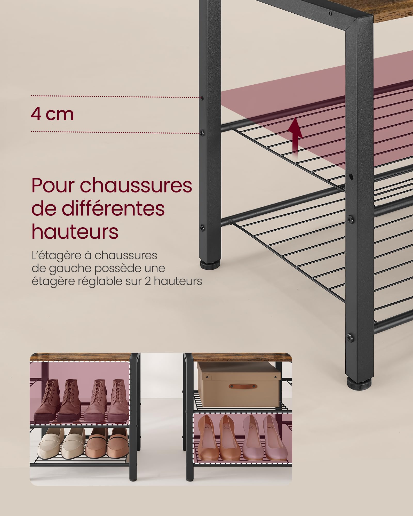 VASAGLE Porte-Manteau, Meuble d’Entrée, avec Porte-Chaussures, 5 Étagères de Rangement, 9 Patères et 6 Crochets Latéraux, 40 x 120 x 190 cm, Marron Rustique et Noir d’Encre HSR426B01