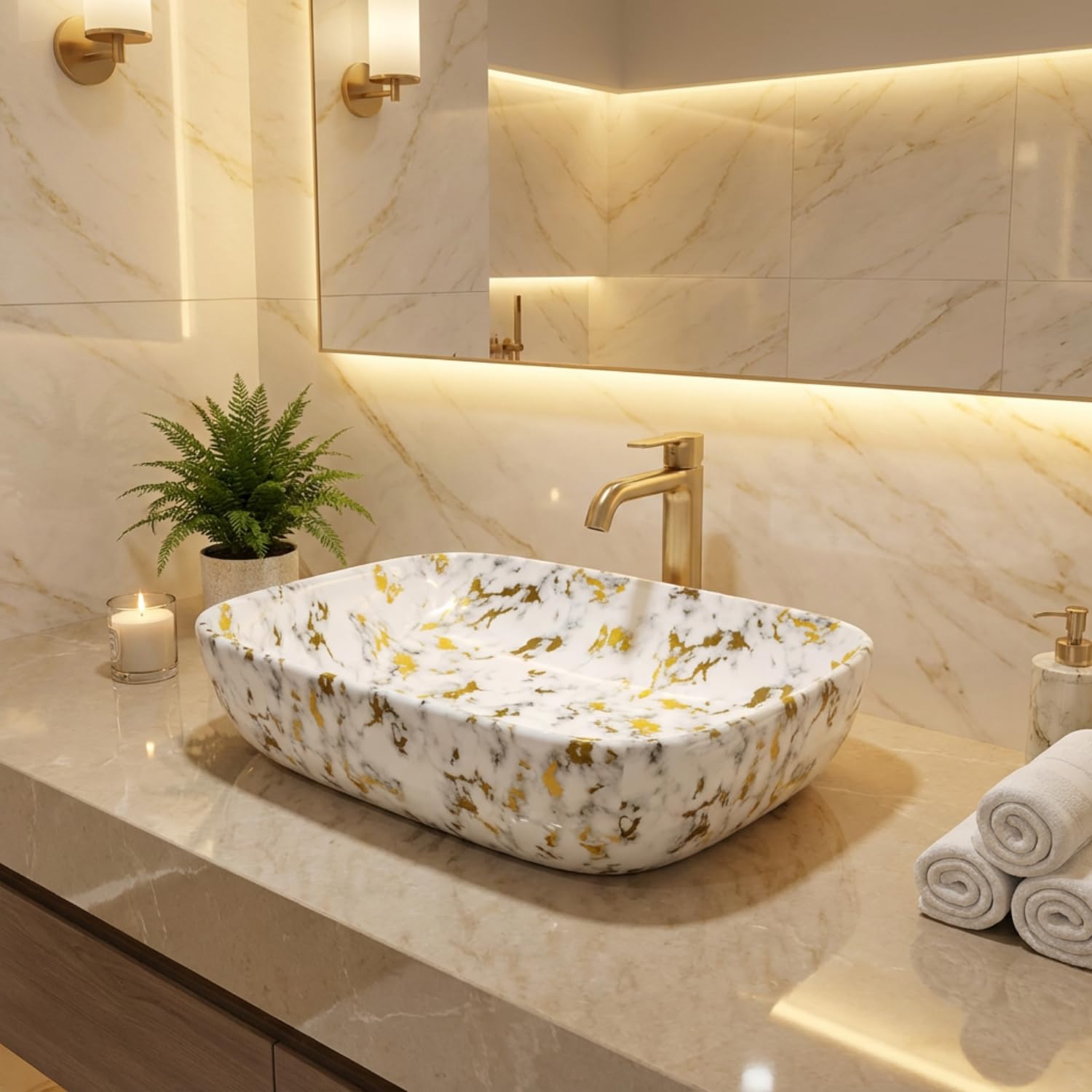 Well Set Designer Ceramic Table Top Wash Basin | White & Yellow Marble Pattern Countertop Sink | Bathroom Vessel Basin | Glossy Finish | 18 x 13 x 5.5 Inch 3