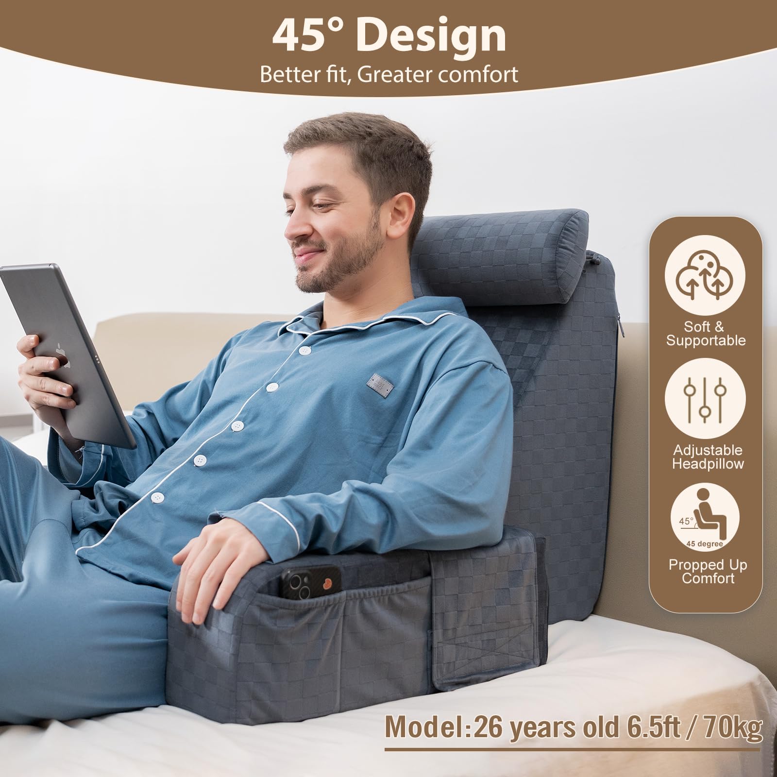 Vekkia 21" Lesekissen für Bett und Sofa, Lesekissen mit Rückenlehne für Erwachsene, Armlehnen, Großen Taschen, Ideal zum Entspannen, Fernsehen, Stillen, zur Erholung und zum Spielen, Schwarz Grau