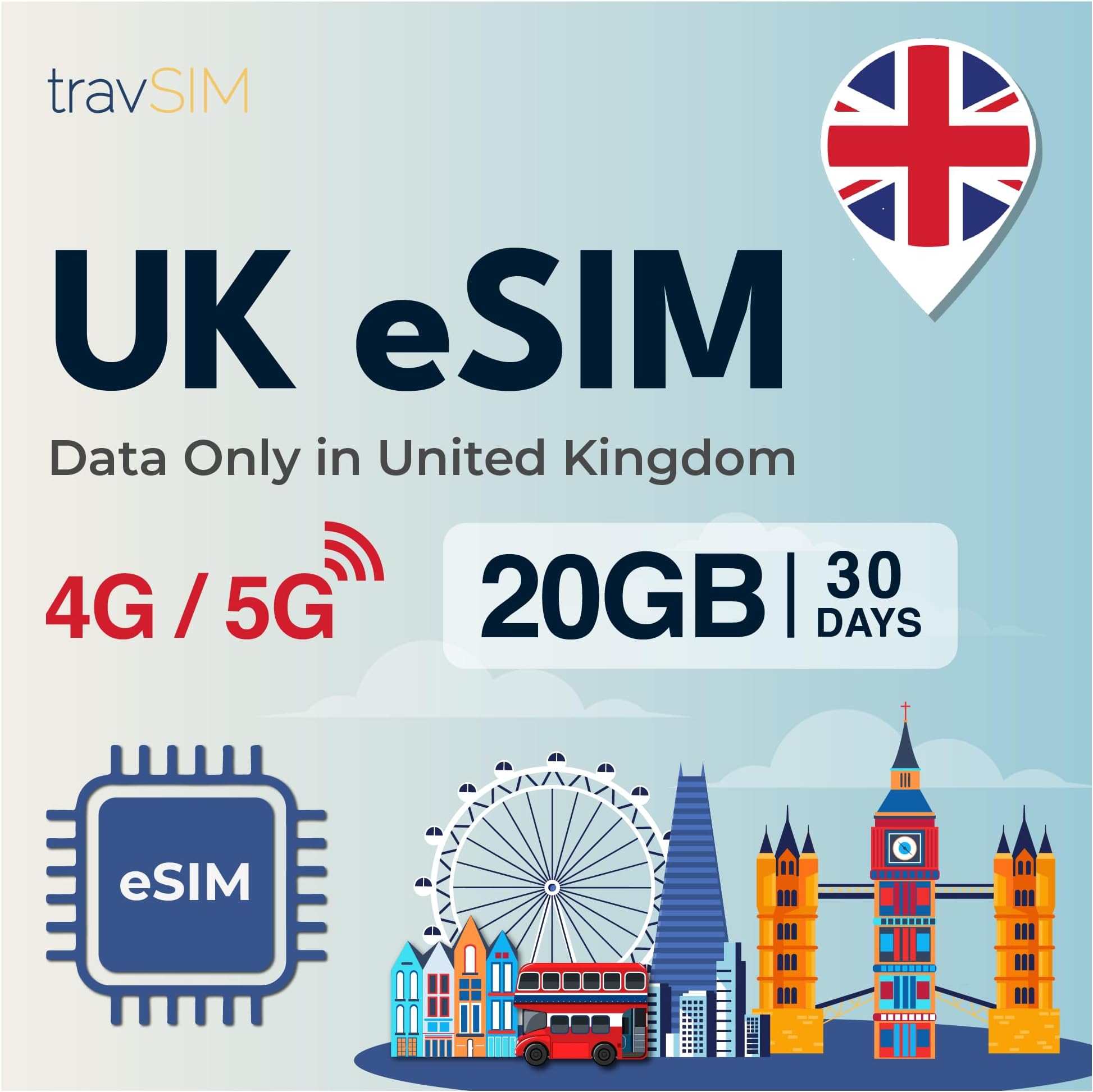 UK eSIM | 20GB Data Plan Only | 4G/5G Speeds | Works Throughout the UK | eSIM for UK is Valid for 30 Days