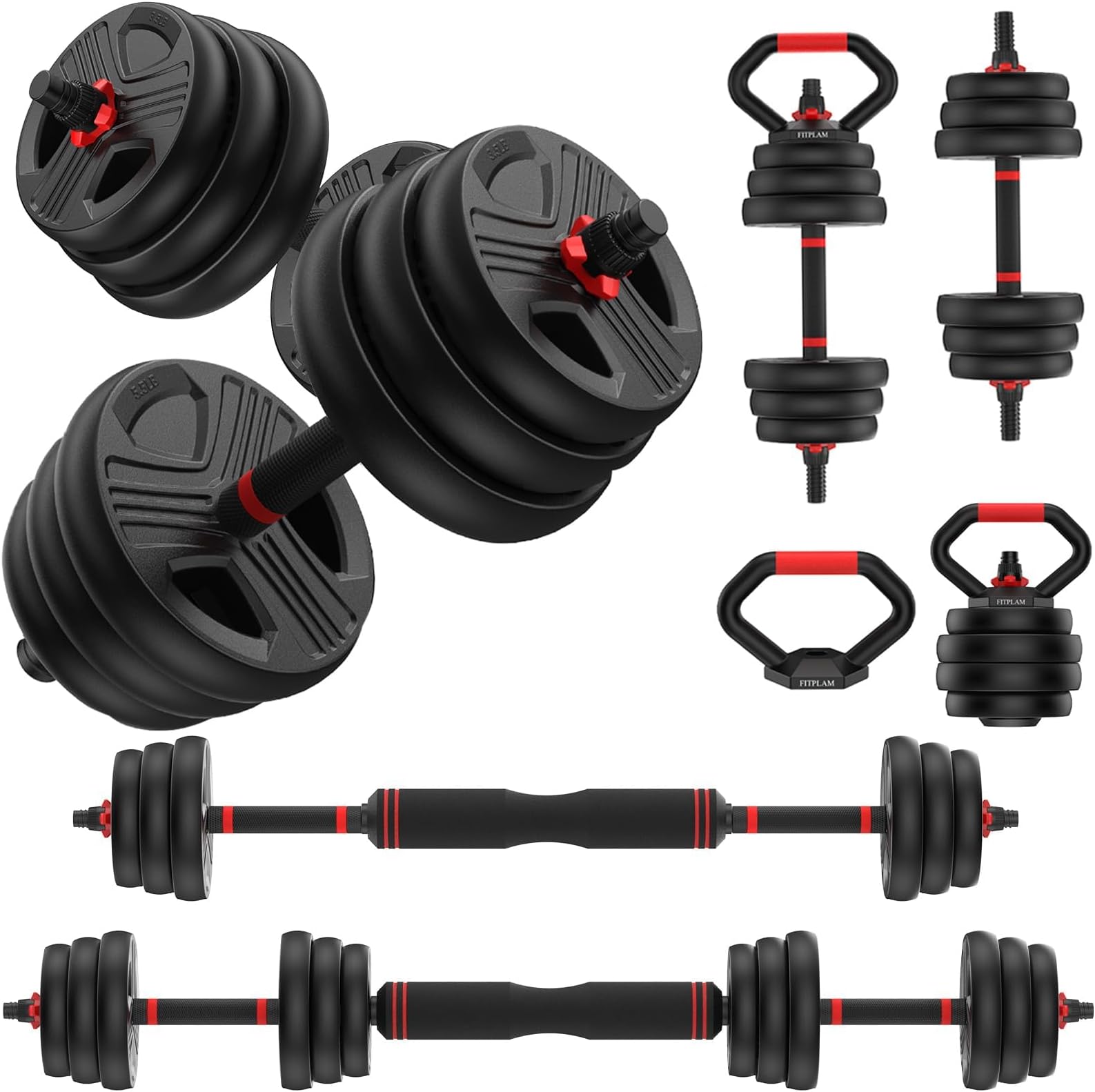 FITPLAM Adjustable dumbbell set,20/35/45/55/70/90lbs Free Weights set with upgraded nut, 5 in 1 Weight Set Used as Kettlebells, Barbell, Push up Stand, Fitness Exercise for Home Gym Suitable Men/Women