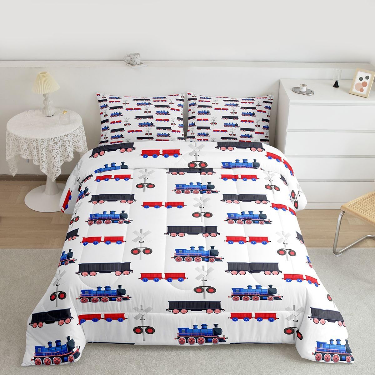 Erosebridal Cartoon Train Bedding Set Red Blue Train Comforter Set for Boys Child,Kids Vehicles Duvet Insert Kids Car Theme Bedroom Decor Queen Size