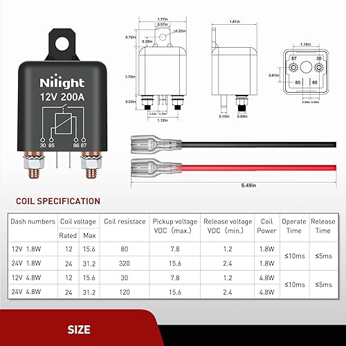 Vista 3 de Nilight 2PC 200A Starter Relay 4 Pin Split Relays Switch 12V Continuous SPST High Current 4 Terminal Car Starter Control w/Copper Wire Lugs for