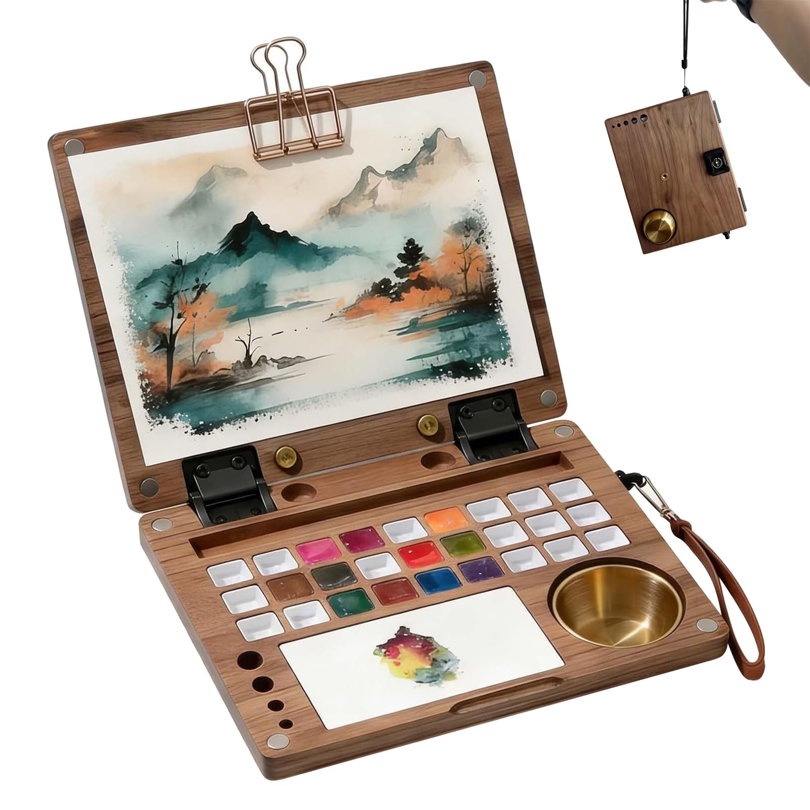 Drewniana paleta akwarelowa 27 Wells Black Walnut, składana, podróżna, z wyjmowanym pojemnikiem do czyszczenia pędzli, wielofunkcyjna, plenerowa sztaluga malarska z metalowymi klipsami