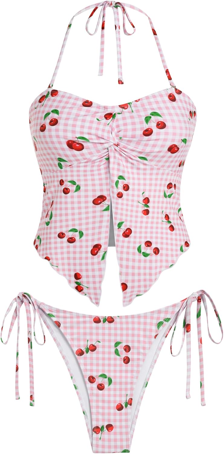 ZAFUL Floral Twist Bikini Set for Women Halter Tankini Tie Side String Swimsuit Two Piece Bathing Suit