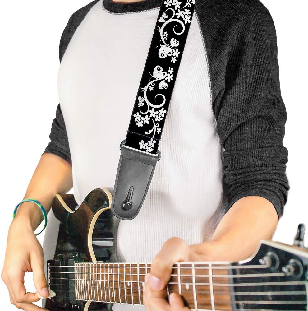 Buckle-Down GS-W30255 Guitar Strap - Butterfly Garden 2,, 2" Wide & 29-54" Length, Black/White