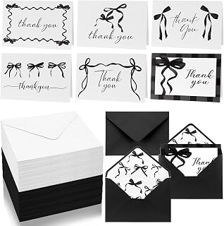 60 Set Black Bow Thank You Cards with Envelopes 4"x 6" Black Bow Watercolor Greeting Cards for Baby Shower Invitations Bridal Showers Weddings Floral Decor Birthday Coquette Party Supplies
