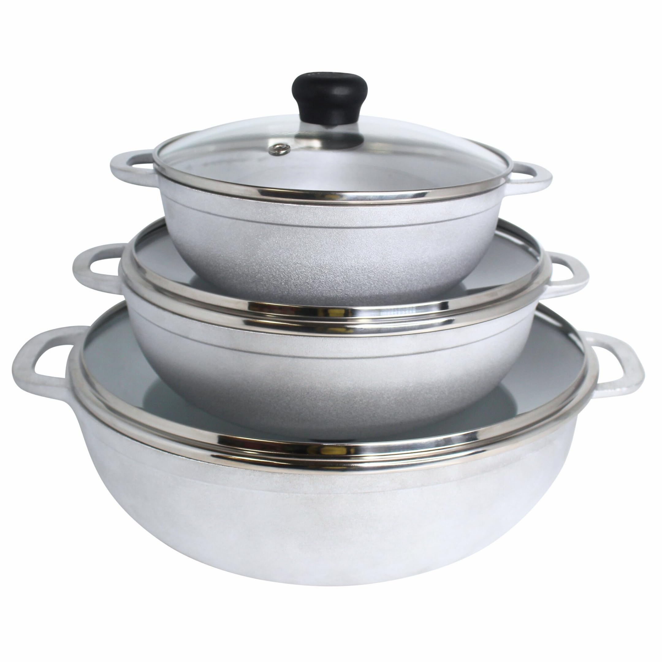 Caldero Stock Pot with Glass Lid 3pc Set, 1.5/2.5/5.2qt, Cast Aluminum, Perfect for Serving Medium & Small Groups, Riveted Handles, Made in Colombia, Silver.
