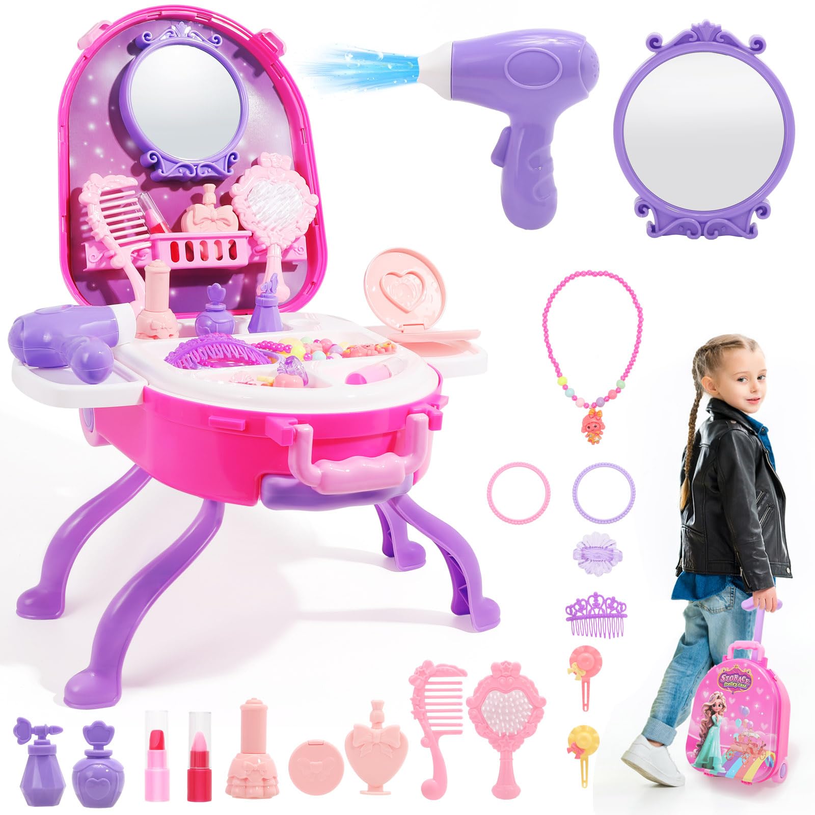 4 in 1 Girls Vanity Set Dress Up Toy Vanities 40 PCS Toddler Vanity with Fashion Accessories, Pretend Makeup for Toddlers 3-5, Play Makeup for Girls 3-7 Best Birthday Christmas Festival Gift