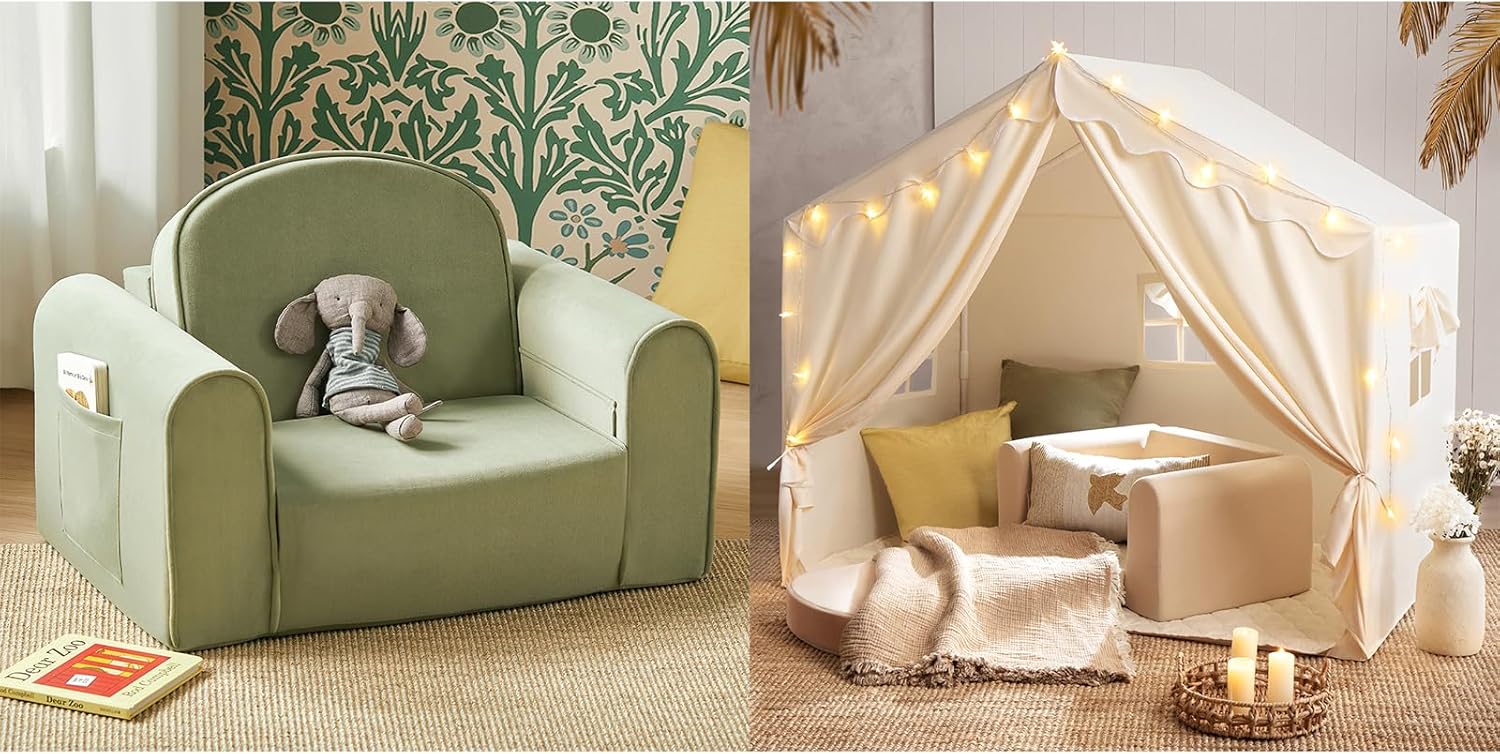 Tiny Land Kids Tent with Mat and Star Lights，2-in-1 Foldable Kids Couch with Pockets – Soft Thick Toddler Sofa