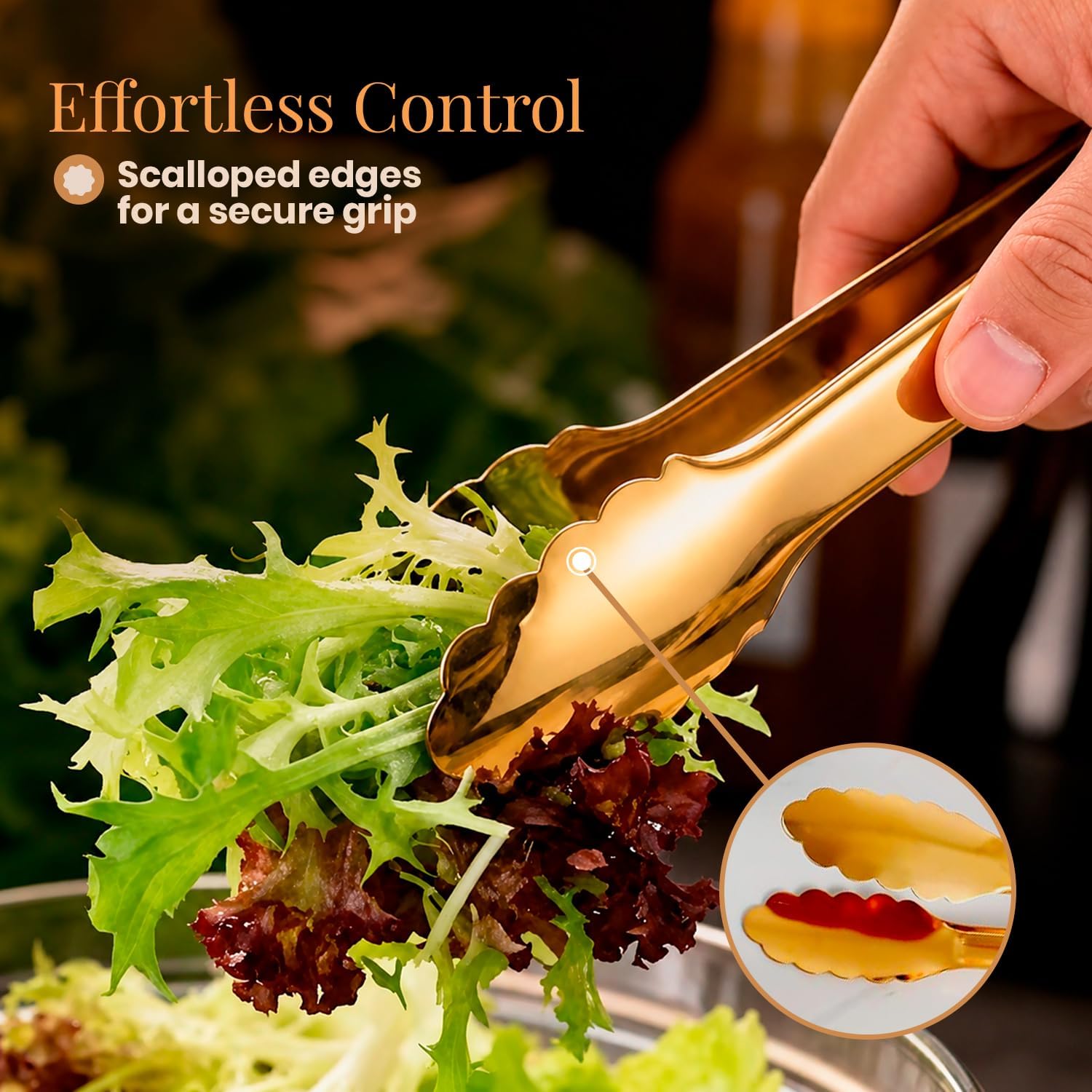 Homesphere Stainless Steel Gold Serving Tongs for Food, 9.5 Inch, Pack of 2