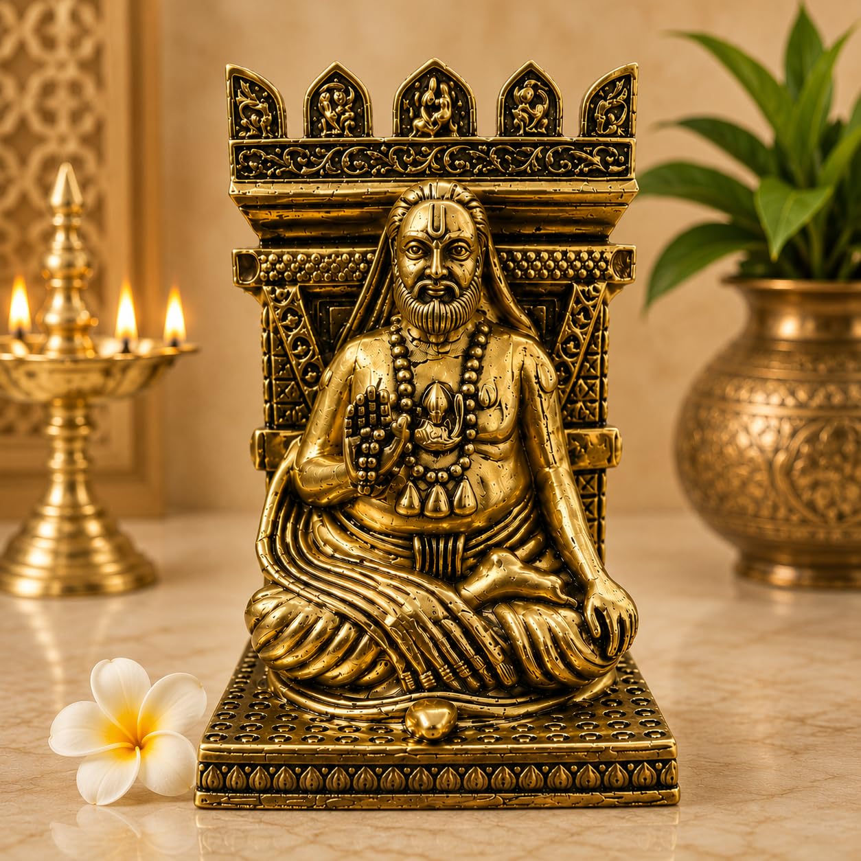 Araliyaindia | Premium Brass | Sri Raghavendra Swami Idol | (3.7 inch), Antique Gold Finish, Figurine for Pooja Room Aaradhane & Home Temple (Medium) | Handcrafted Statue, Antique Golden Finish, Home Temple & Pooja, Hindu God Figurine, Housewarming Décor