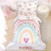 PeaPod Rainbow Pink Floral Toddler Bedding Set for Girls - 4 Piece Soft Microfiber Comforter, Sheets & Pillowcase