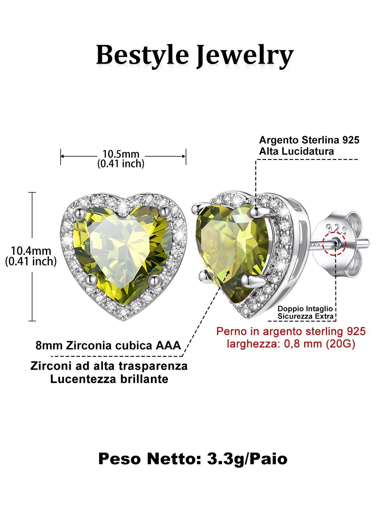 Bestyle Orecchini a Lobo Argento 925 Pietre Portafortuna Orecchini Forma Cuore Stud Orecchini Donna, Confezione Regalo