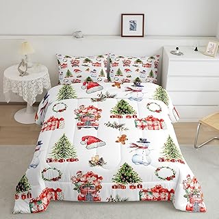 Feelyou Christmas Comforter Set for Kids Boys Girls Christmas Tree Snowman Bedding Set Cartoon Xmas Theme Comforter Decor Red Quilt Set Twin Size