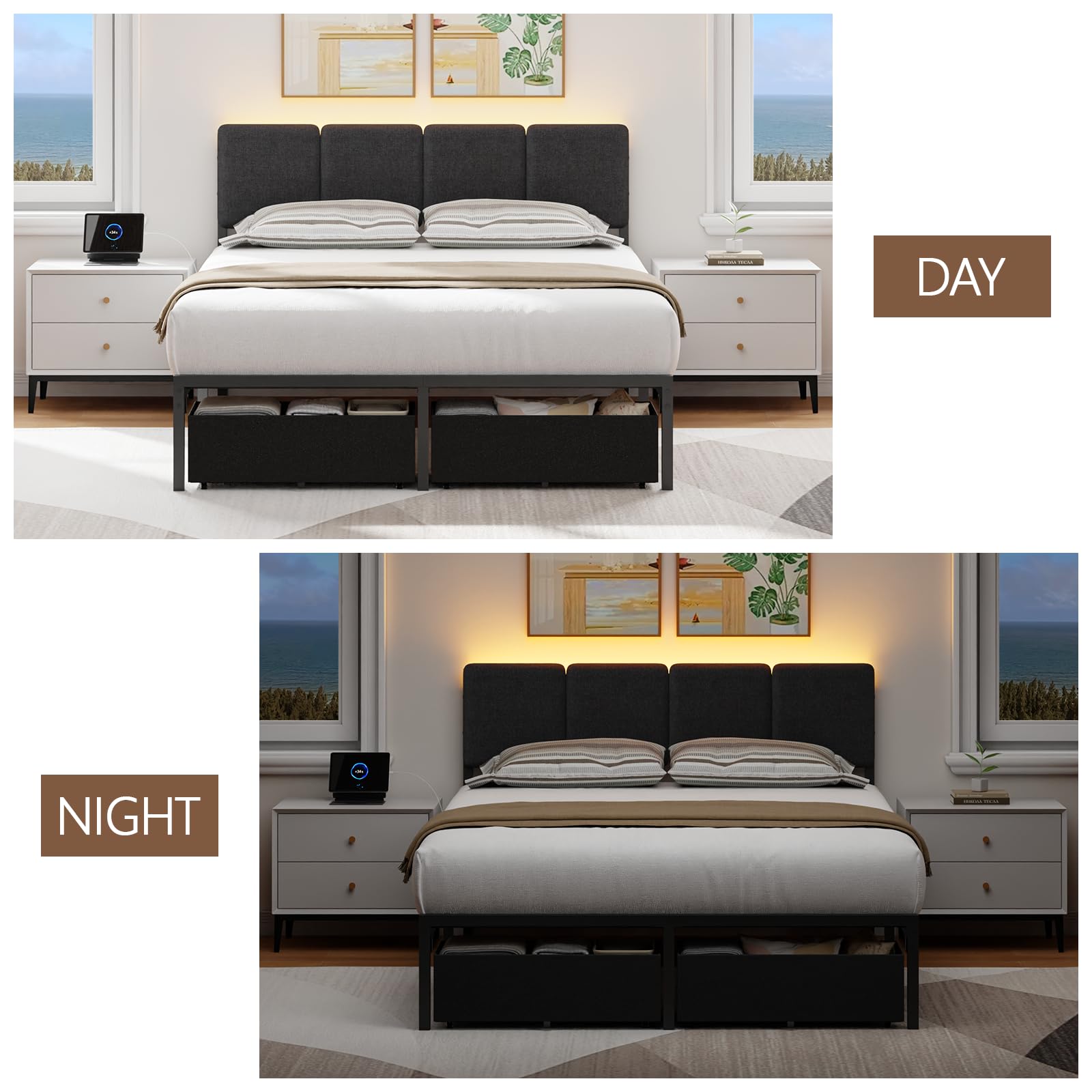 Base de cama de tamaño matrimonial con cabecero, cama tapizada matrimonial con luz LED, estación de carga USB, base de cama de plataforma con 2 cajones de almacenamiento debajo de la cama, no 8