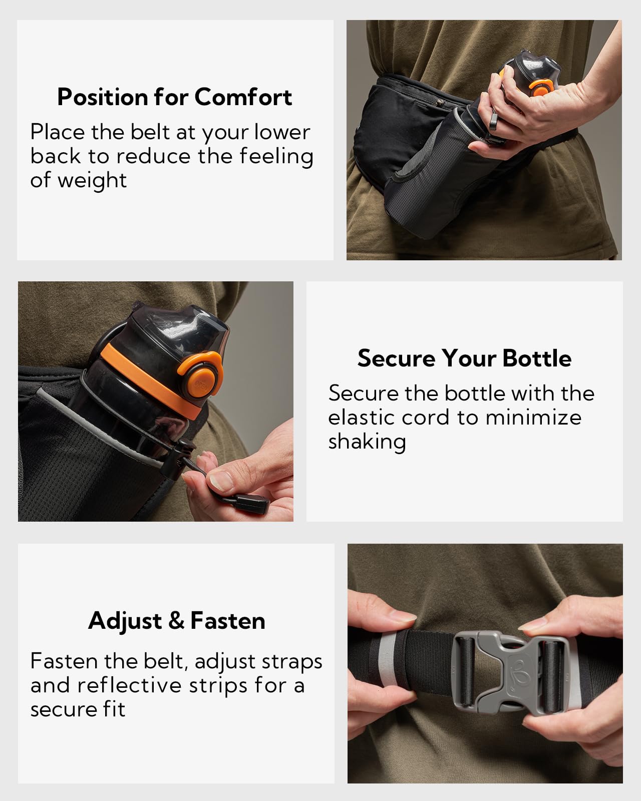 WATERFLY Ceinture pour bouteille d'eau de course : sac banane d'hydratation pour homme et femme avec porte-bouteille pour coureurs, marche, randonnée, jogging, noir, Medium, Support stable pour