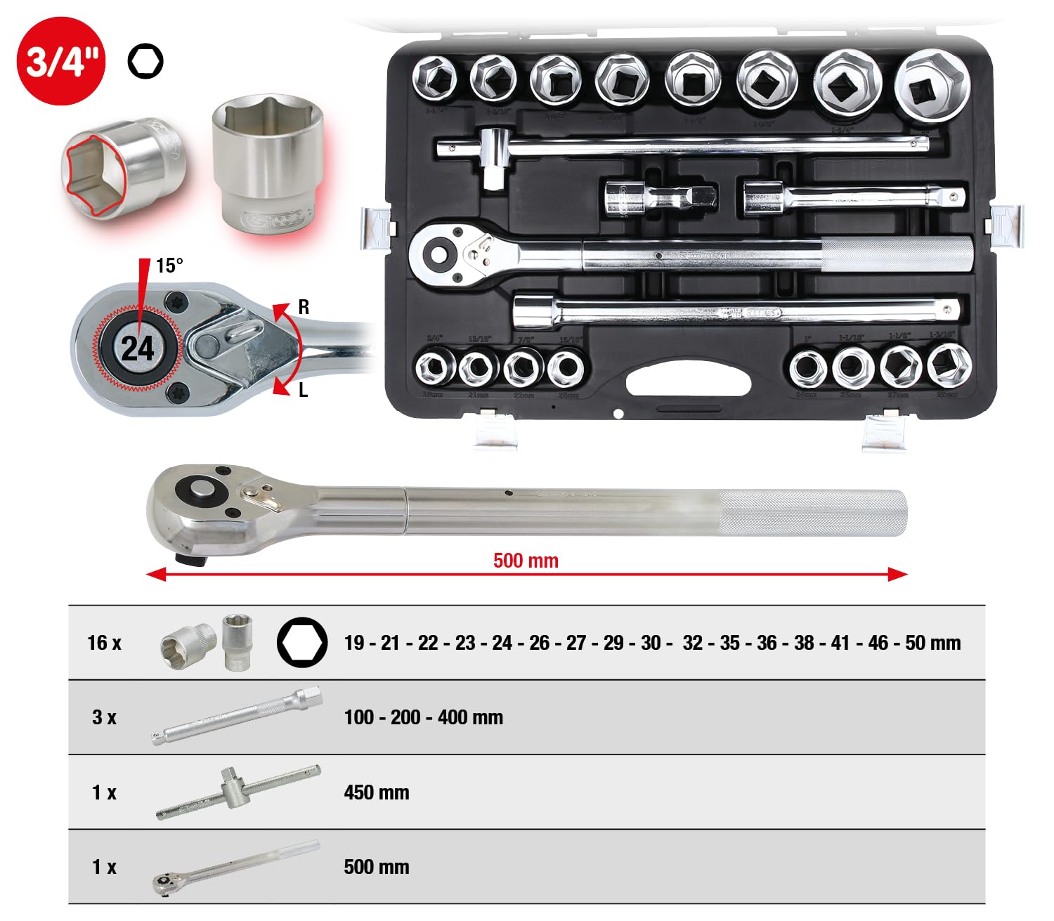 KS Tools 911.0721 Coffret cliquets, douilles 3/4'' - Malette outils 21 pcs