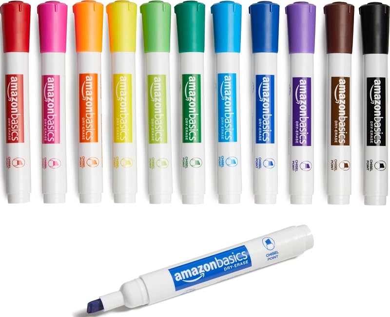 Dry Erase Whiteboard Markers, Chisel Tip, Low-Odor, Assorted Colors, 12-Pack, Erase Easily