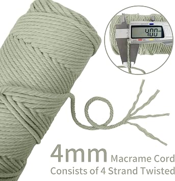 Macrame Cord 4mm x 100m, Thick Macrame Rope Natural Cotton Rope Craft String, 4 Strand Twisted Cotton Cord Yarn for DIY Plant Hanger, Wall Hanging, Christmas Decoration (Bean green)