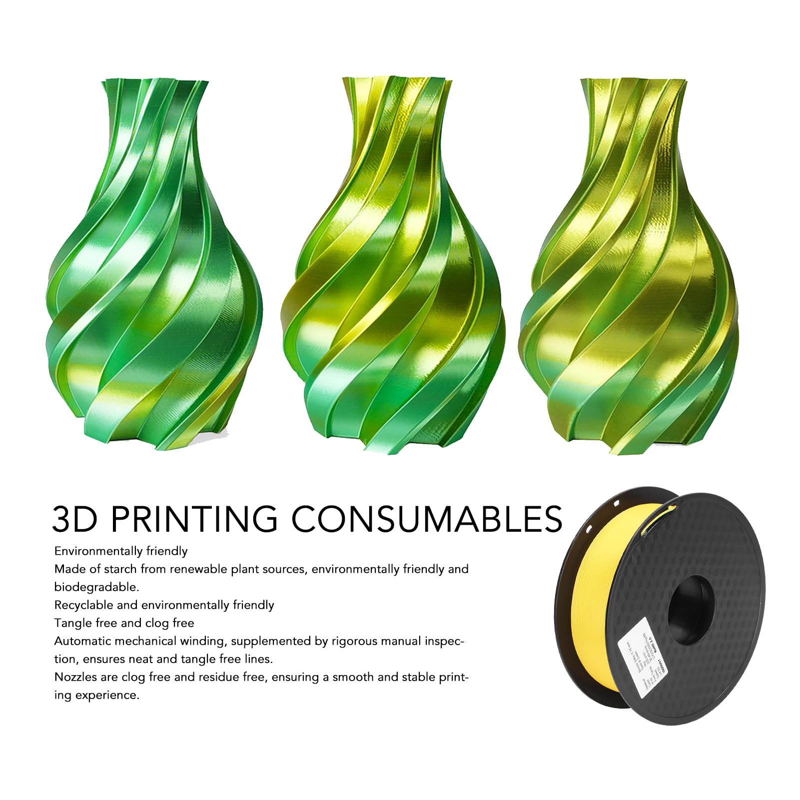 Drukarka 3D Filament PLA Dwukolorowy jedwabisty dichromatyczny Złoty Zielony 1,75 mm do materiałów eksploatacyjnych do druku 3D Materiał przyjazny dla środowiska Stabilny druk
