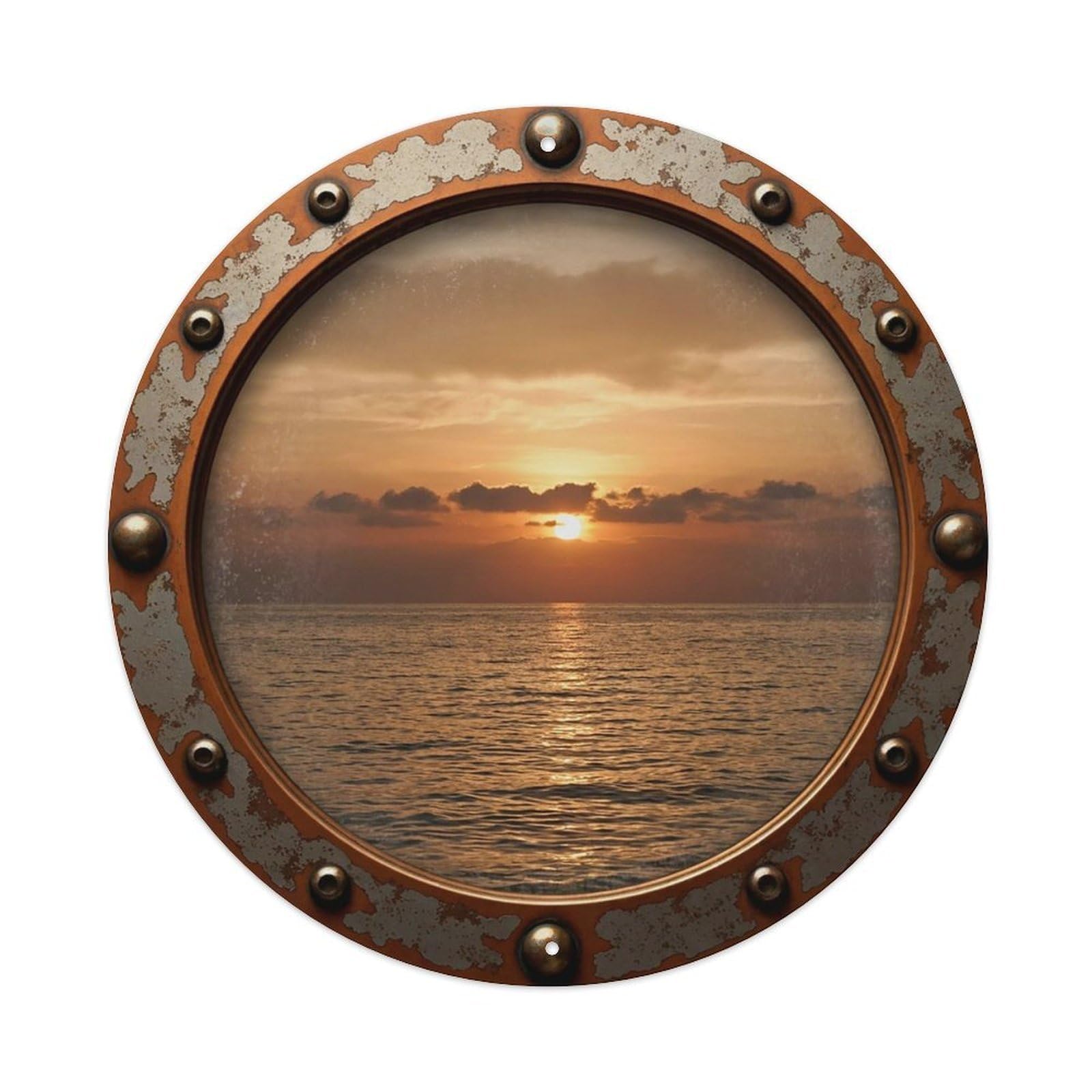 Vintage Porthole Sienna Sunset Nautical Window View Vintage Metal Tin Sign Plaque Wall Decor for Cafe, Club Bar, Office, Garden Metal Poster 8x8Inch