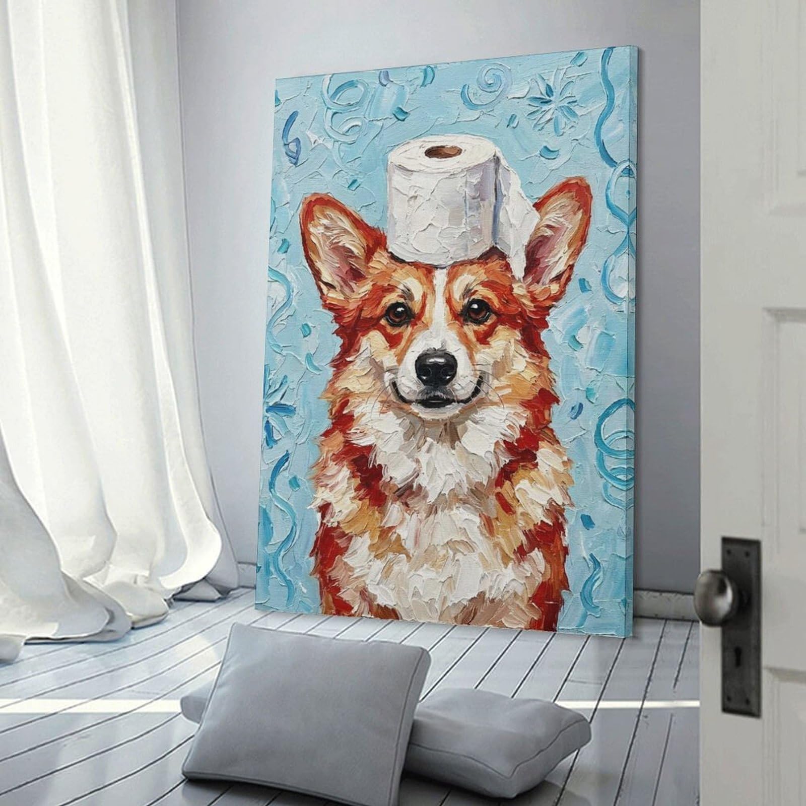 Junmoney Canvas Wall Decor Corgi with Toilet Paper Hat, 24x36inch(60x90cm), for Flats, Guest Rooms Or Compact Rooms, Wall Decor with Flexible Room Appeal