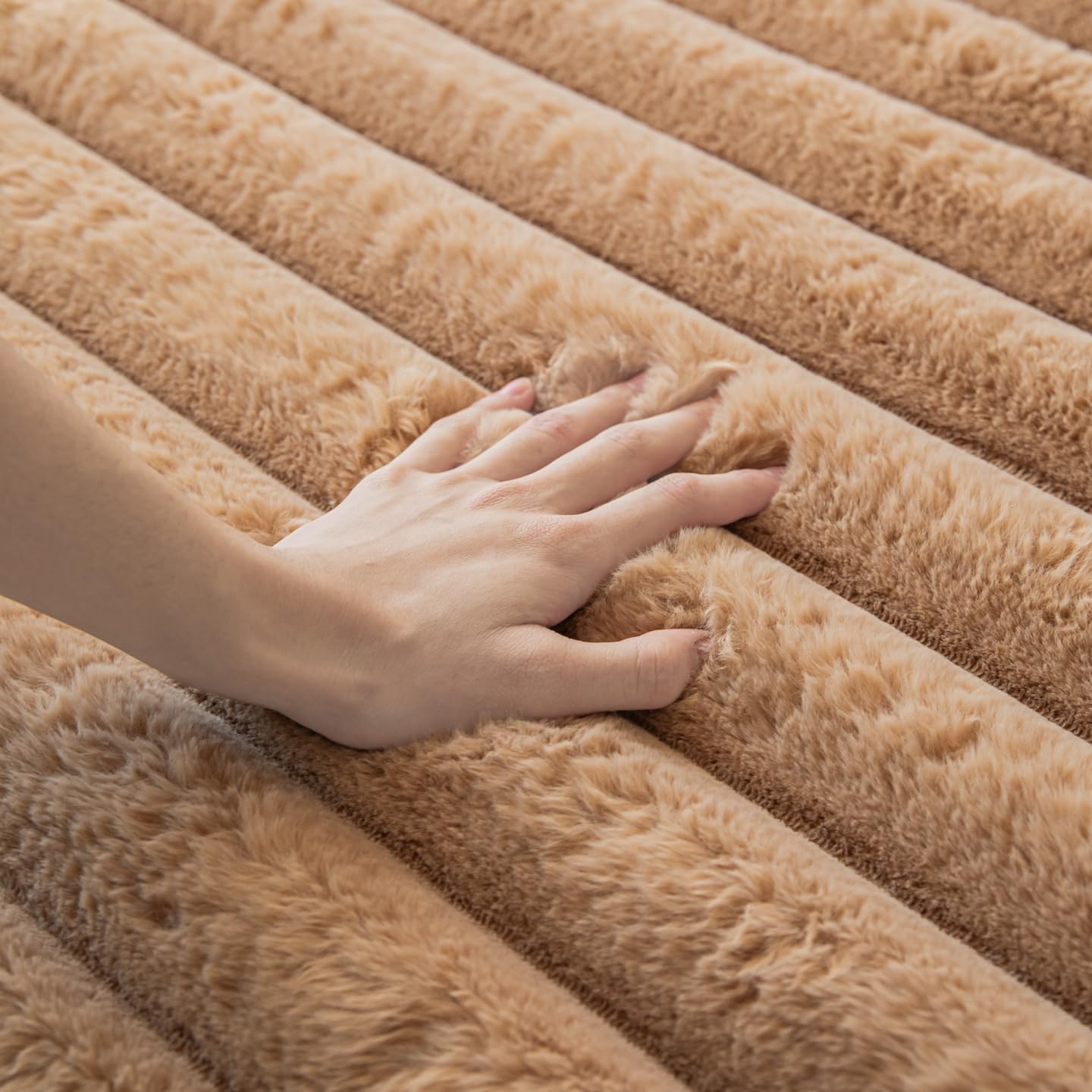Coffee Rabbit Striped Plush Rug 8'x10', Fluffy Shaggy Area Rug for Nursery & Kids Room, Faux Fur Carpet for Girls Bedroom, Living Room, Teen Decor