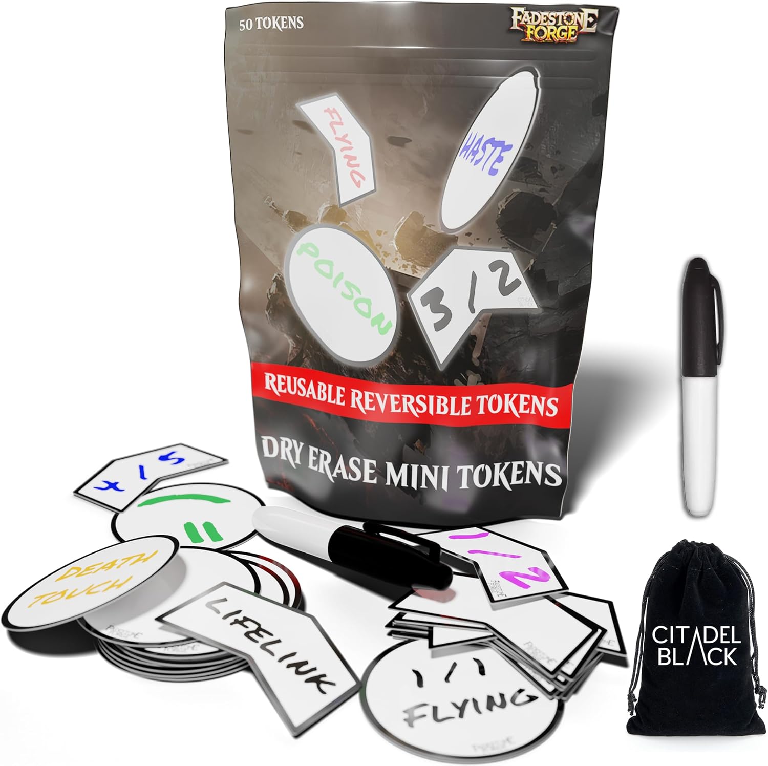 MTG Mini Dry Erase Token Set – 50 Reusable Tokens - Includes Marker and 2pcs Erasers, Reversible Reusable Double-Sided Universal Tokens Made for Magic: The Gathering