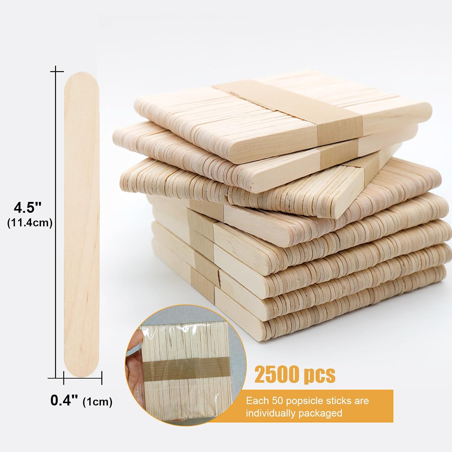 2500Pcs Wooden Popsicle Sticks for Crafts, 4.5" Wide Wooden Craft Sticks, Lollipop Sticks for Creative Designs, Home Art Projects, DIY Wood Crafts, Hair Removal and Waxing Supplies, Ice Pop Sticks