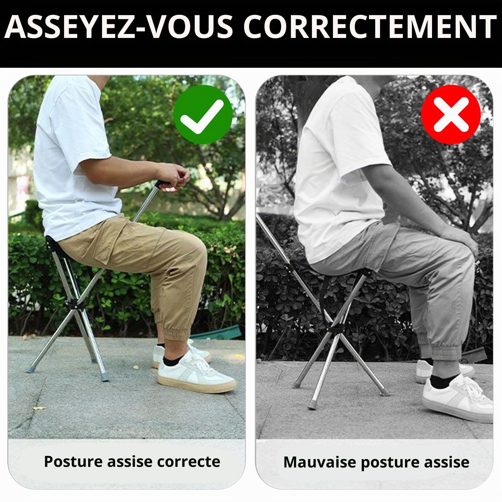 Canne Siège Pliante Légère, Canne de Marche avec Siège Cannes de siège Pliantes réglables en Hauteur Tabouret 3 Pieds Portable pour Repos Canne De Voyage De siège pour Plein air
