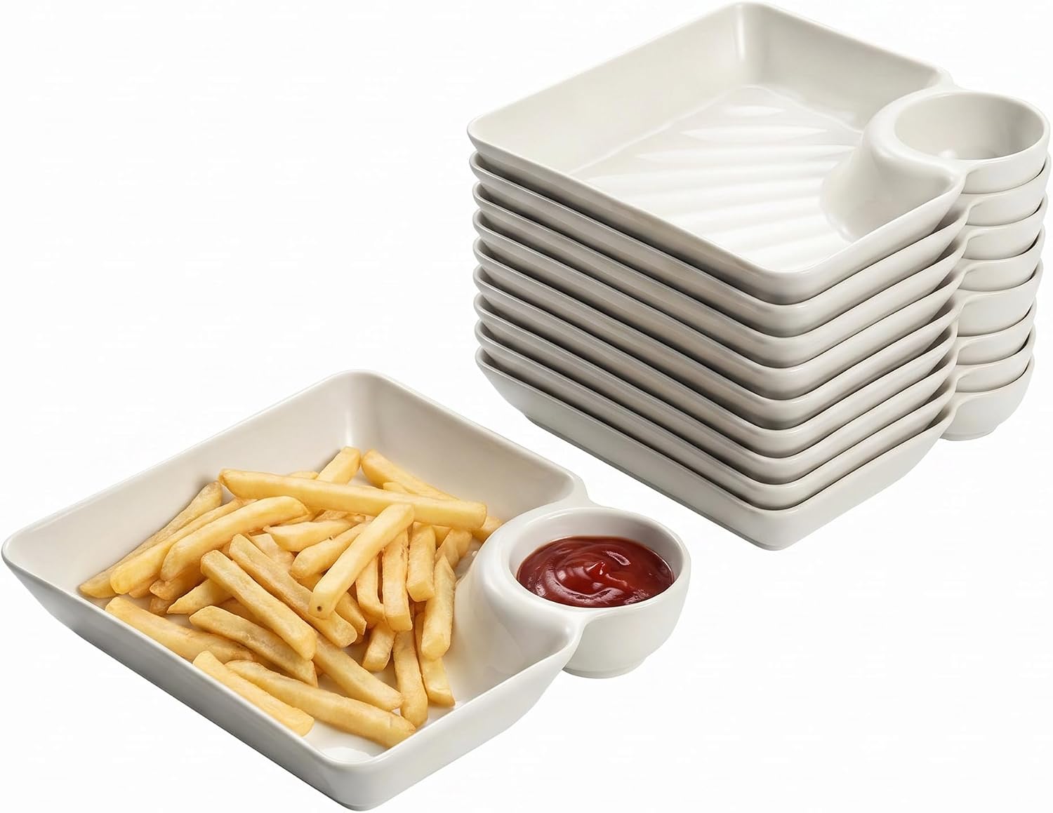 Chip and Dip Serving Platter Set 10 Pack - Divided Snack Plates with Sauce Compartment - Plastic Appetizer Plates for Chips Salsa Dumplings Party