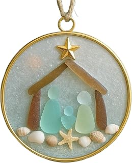 Sea Glass Nativity: Jesus’ Birth Christmas Ornament,Coastal Inspired Sea Glass Nativity Ornament,Handmade Nativity Scene, with Shells and Starfish (1)