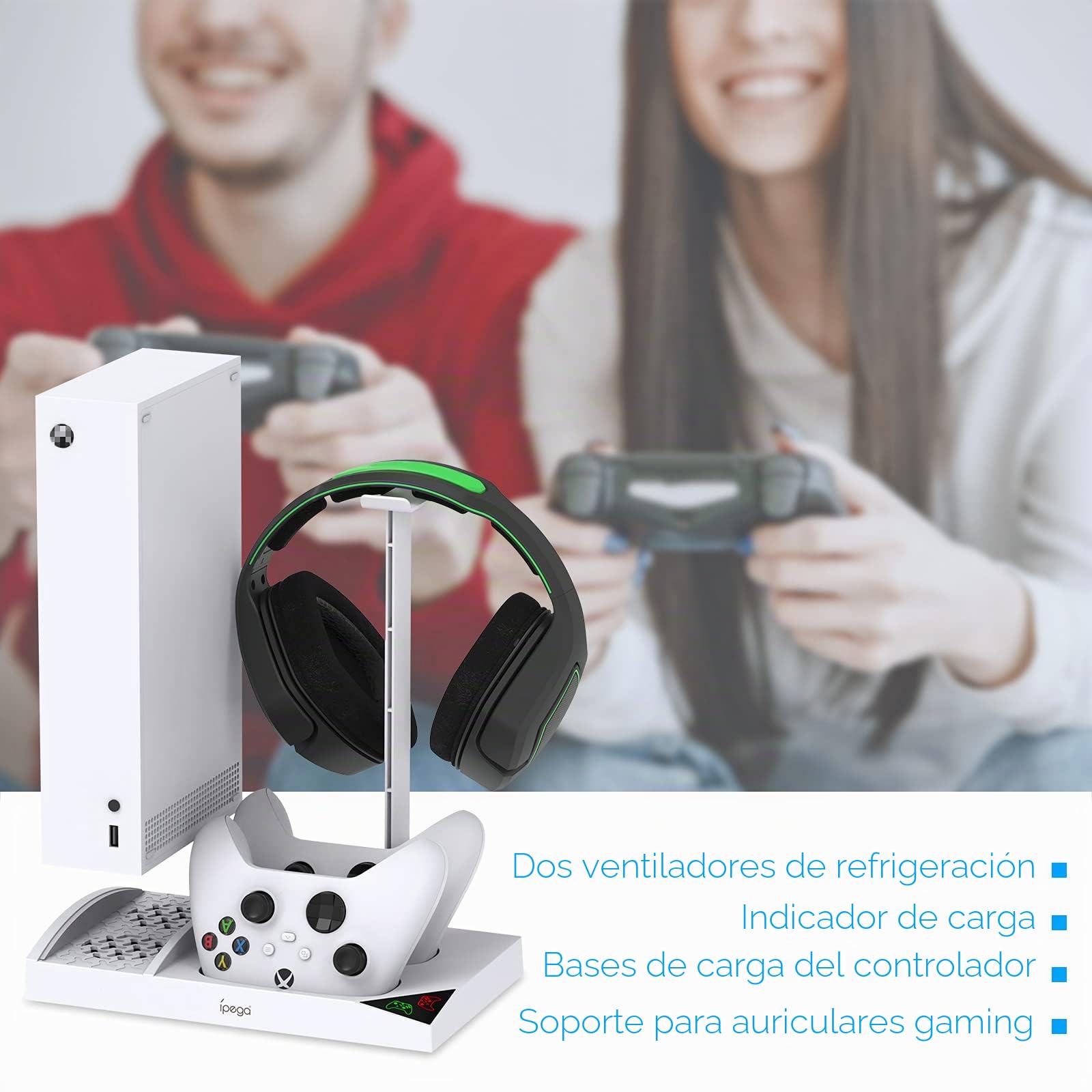 Soporte de refrigeración compatible con consola Xbox Series S con estación de carga de controlador, ventilador de refrigeración dual potente y base de carga de controlador con 2 baterías recargables