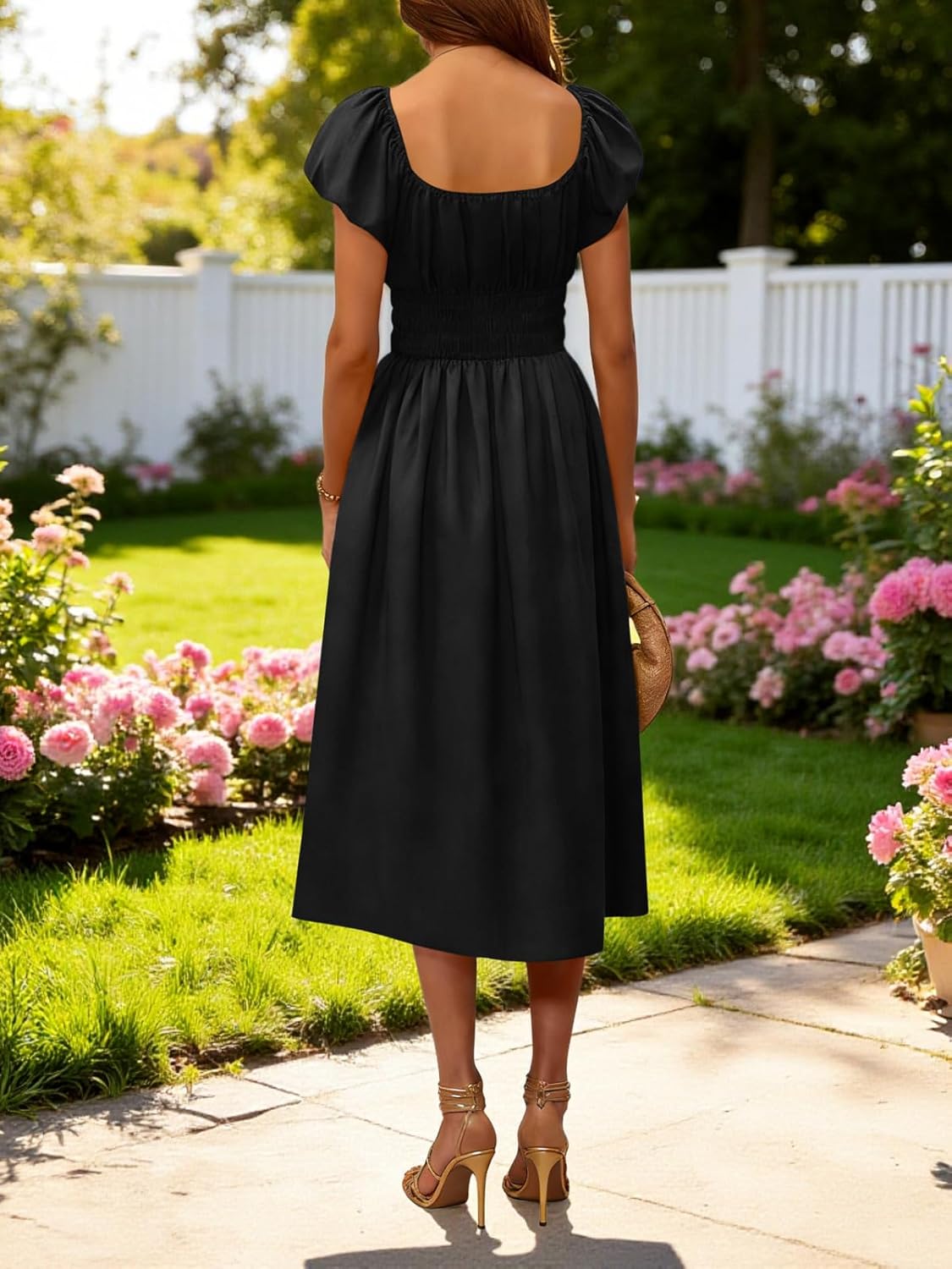 Yousify Women's Summer Dresses 2026 Short Puff Sleeve Midi Dress Casual Scoop Neck A Line Sundress with Pockets - Image 4